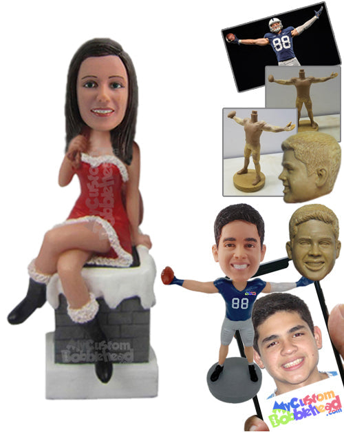 Girl in Strapless Santa Claus Outfit Sitting on a Wall Personalized Bobblehead