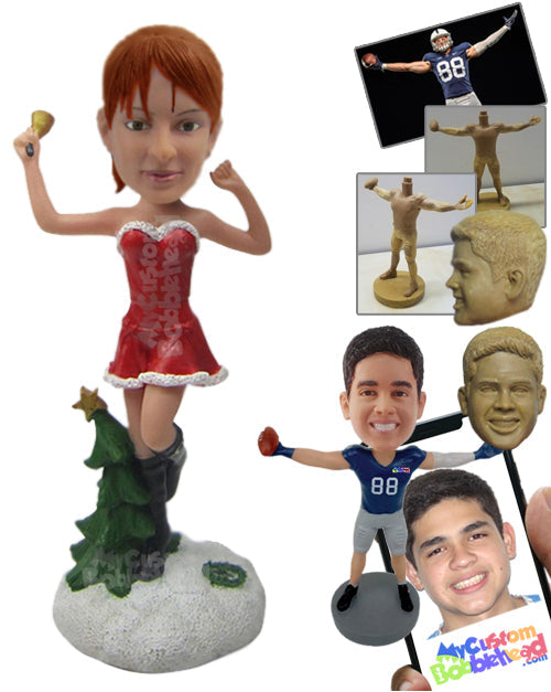 Gorgeous Girl Wearing Strapless Santa Dress Ringing the Bell Personalized Bobblehead