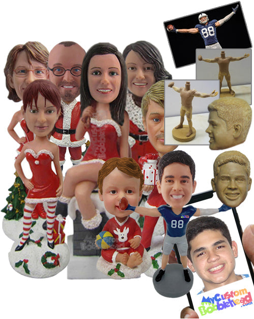 Family Celebrating Christmas in Festive Outfits Personalized Bobblehead